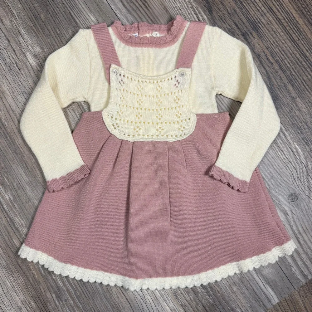 Vintage Kids Knit Sweater and Pinafore Jumper Dress Set Crochet Pink Cream 3‎